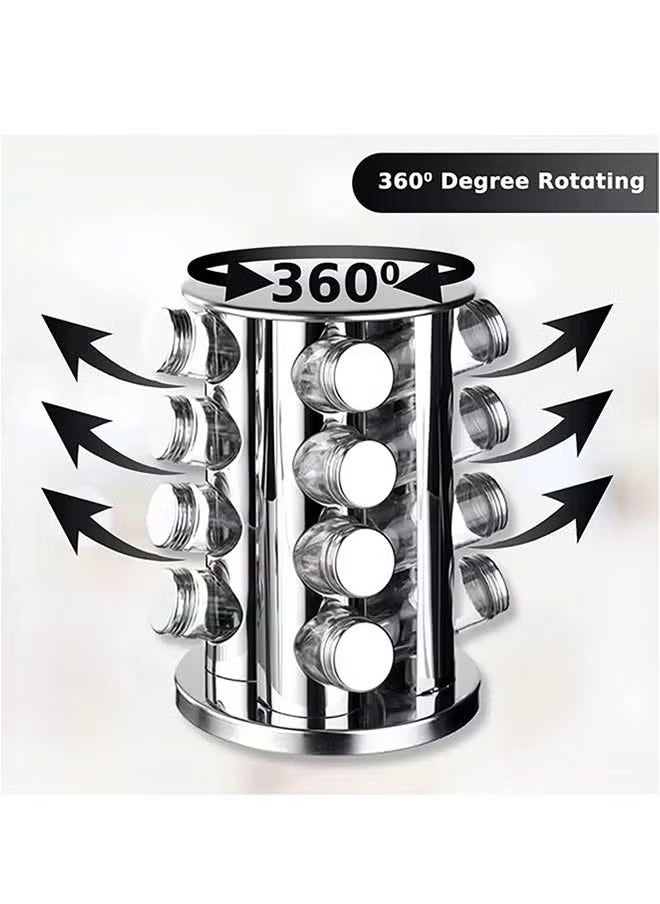 16 Piece Transparent Glass Spice Cans And Stainless Steel Spice Cans Storage Racks, Can Be Rotated 360 Degrees, Classified And Stored, Large Capacity, Easy To Use