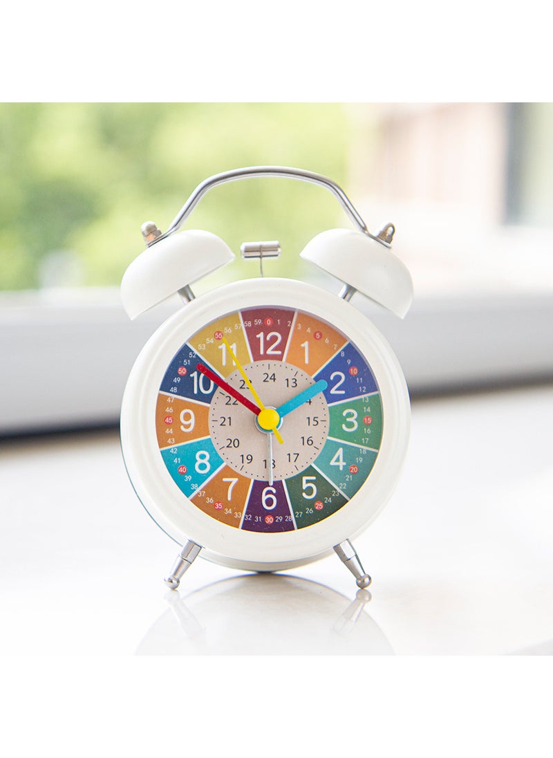 Rechargeable Early Education Childrens Metal Small Alarm Clock Girls Boys Desktop Wake-up Clock Special Learning Clock for Students 3-inch white [early education color block partition] Bell battery type