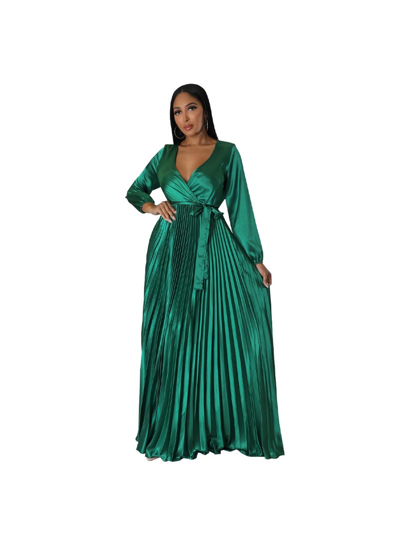 V-Neck Lantern Sleeve Pleated Dress Green