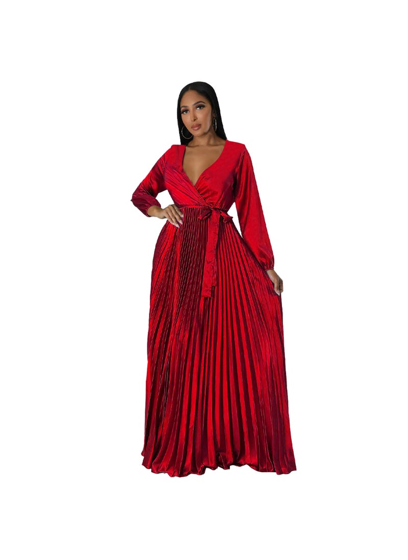 V-Neck Lantern Sleeve Pleated Dress Red