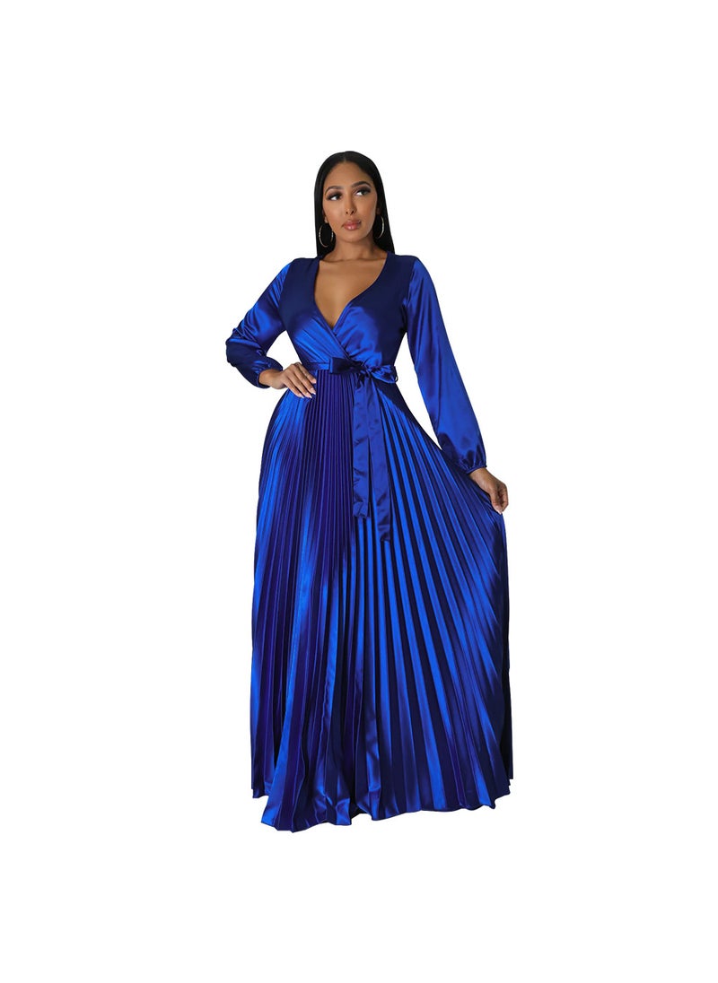 V-Neck Lantern Sleeve Pleated Dress Color blue