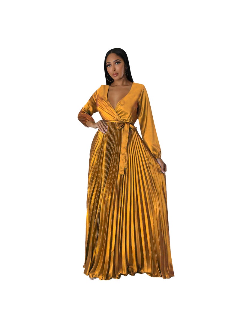 V-Neck Lantern Sleeve Pleated Dress Gold