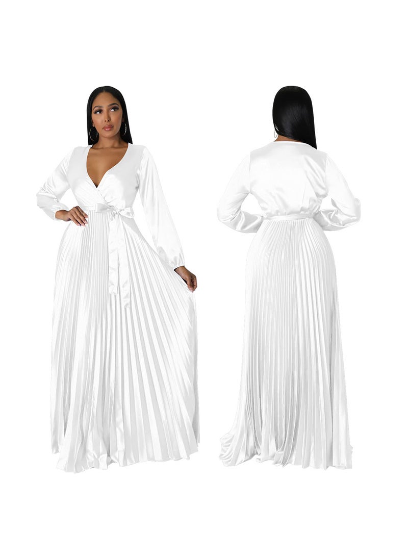 V-Neck Lantern Sleeve Pleated Dress White