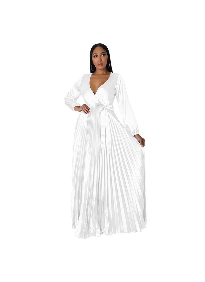 V-Neck Lantern Sleeve Pleated Dress White