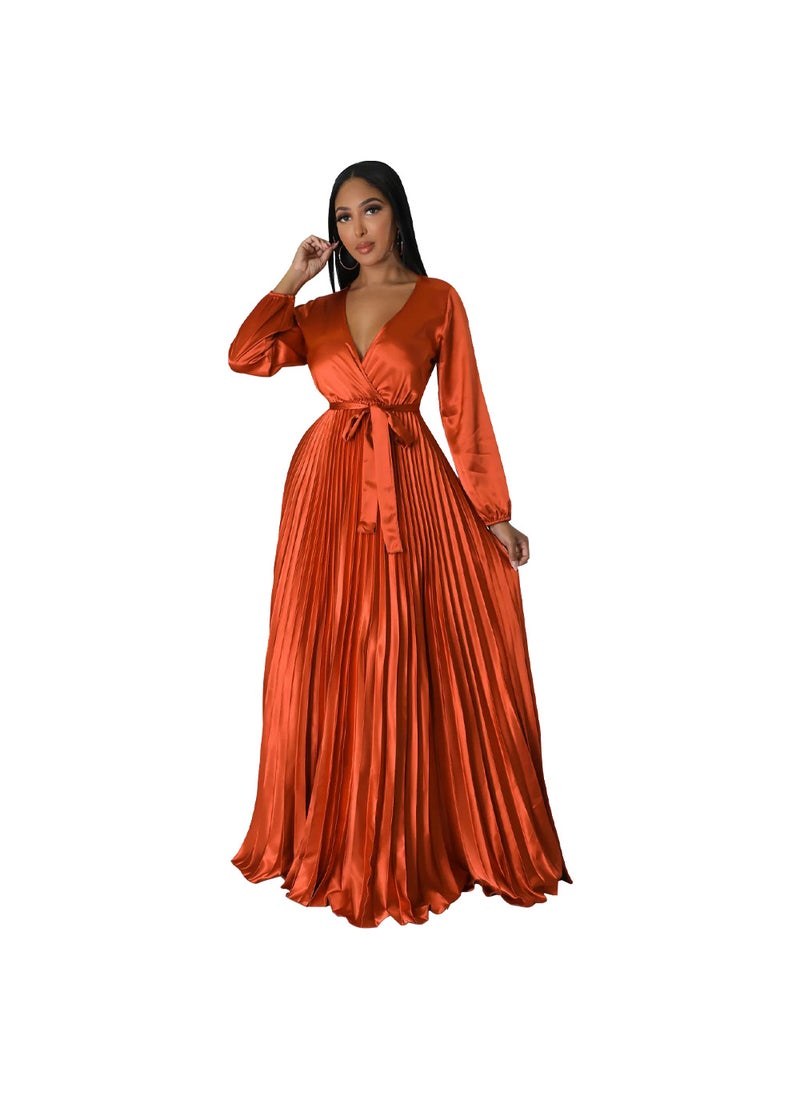 V-Neck Lantern Sleeve Pleated Dress Orange