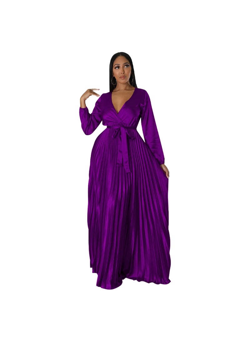 V-Neck Lantern Sleeve Pleated Dress Purple