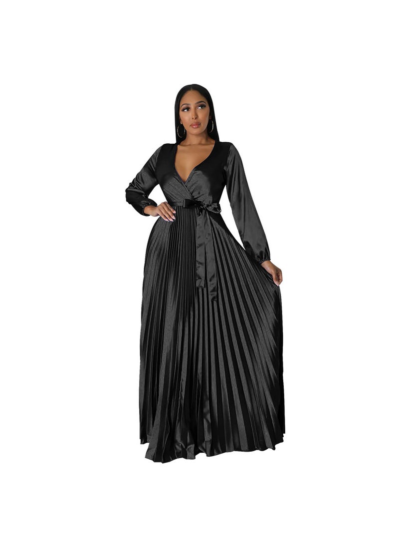 V-Neck Lantern Sleeve Pleated Dress Black