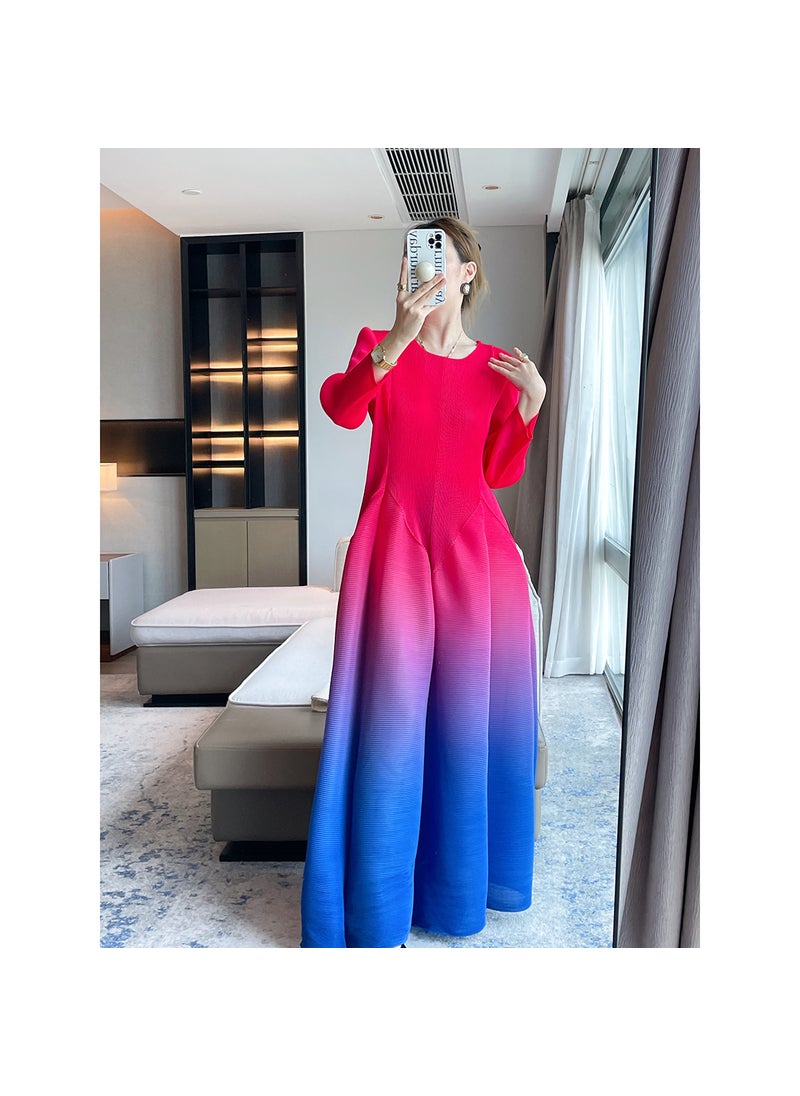 2024 Pleated Gradient Print Dress Elegant Waist-Tightened Red