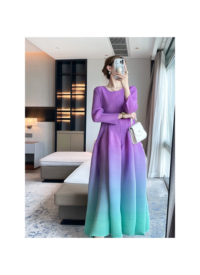 2024 Pleated Gradient Print Dress Elegant Waist-Tightened Purple