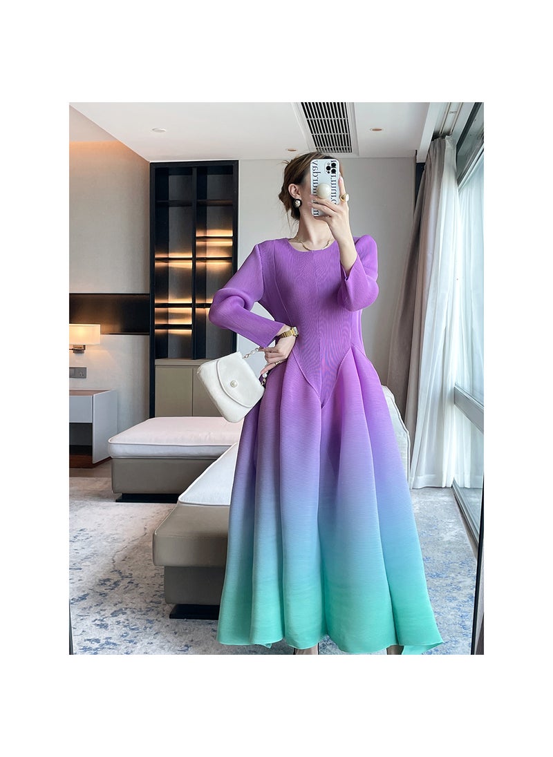 2024 Pleated Gradient Print Dress Elegant Waist-Tightened Purple