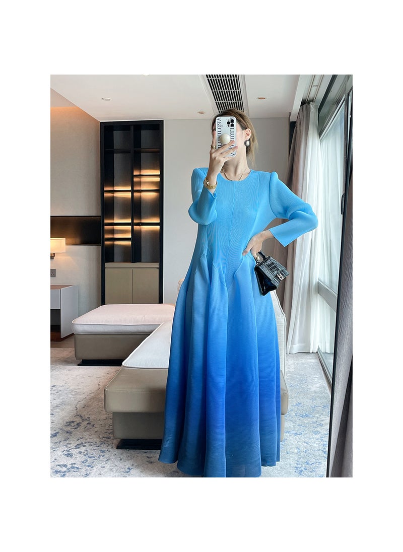 2024 Pleated Gradient Print Dress Elegant Waist-Tightened Blue