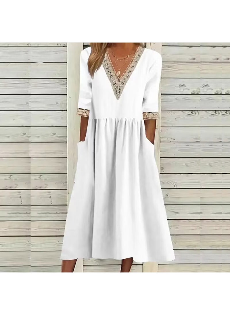 1 x 5 pcs Casual Plus Size V-Neck Lace Dress for Women White