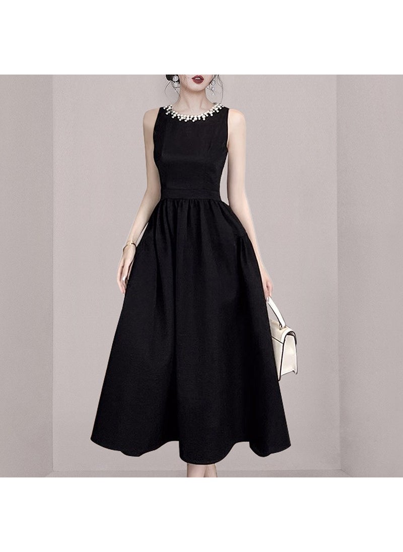 2024 Summer Black Dress Womens Elegant Hepburn Slimming Vest Black