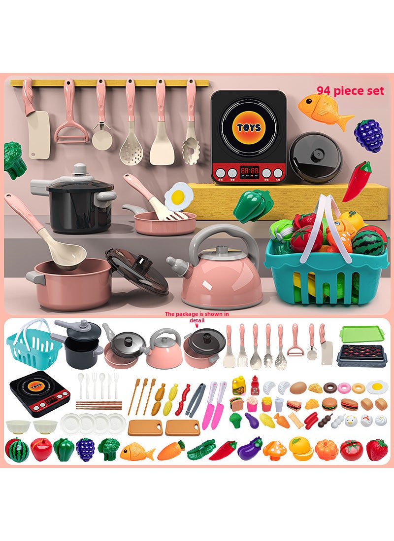 Childrens simulation kitchenware play house suit vegetable cutting cooking cooking baby fruit cutting boys and girls small kitchen toys Pink small kitchen play house 94 pieces Pink small kitchen play house 94 pieces