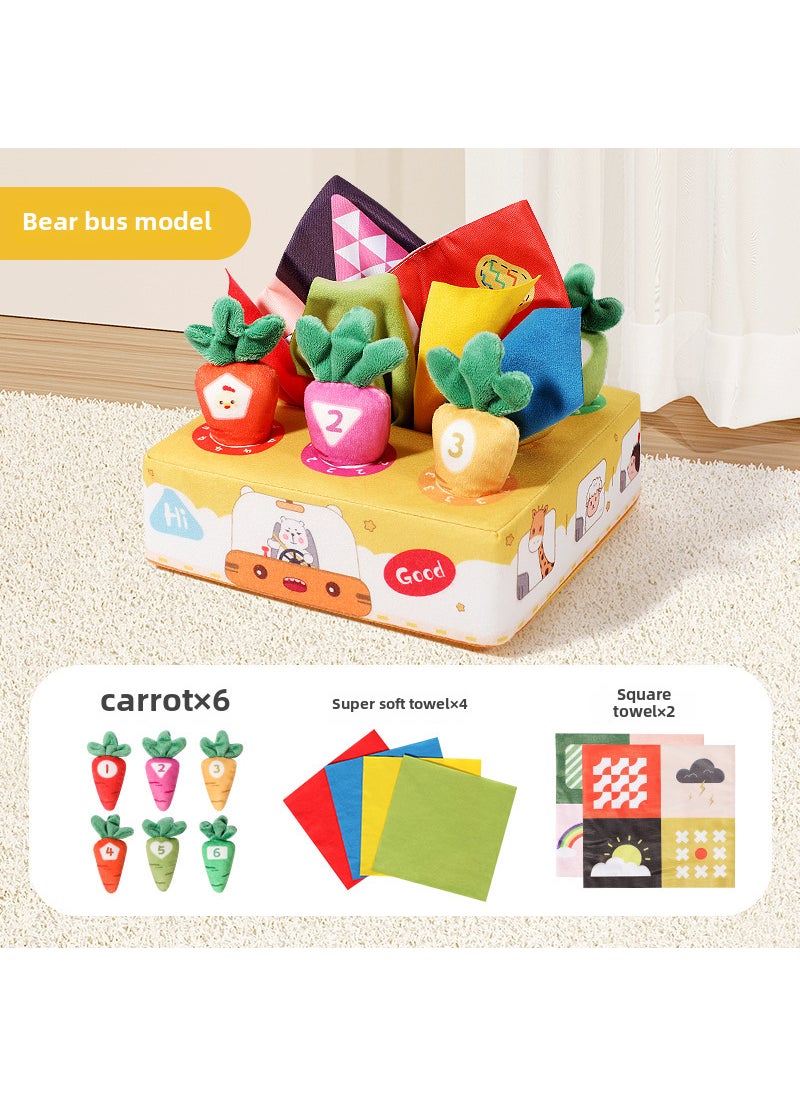 Cross-border baby tissue box paper drawing radish toy two-in-one infant early education soothing toy Bear bus pulling radish [6 radish +4 super soft towel +2 ringing paper]]