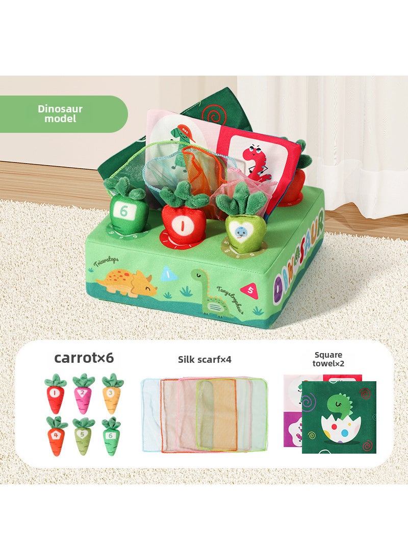 Cross-border baby tissue box paper drawing radish toy two-in-one infant early education soothing toy Dinosaur radish pulling [6 radishes +4 silk scarves +2 ringing Paper]]