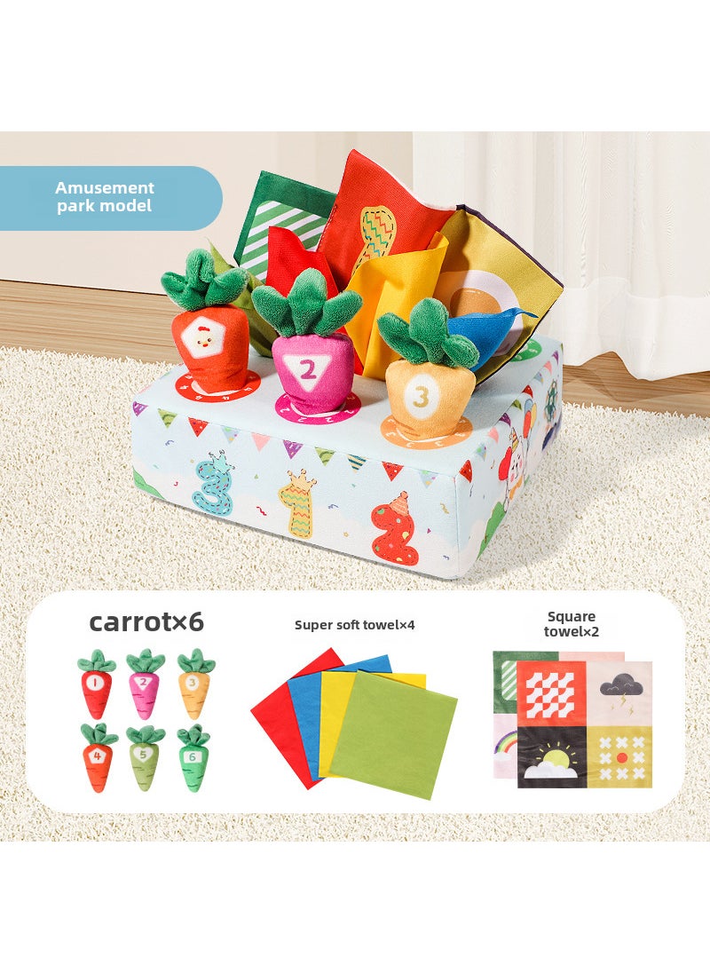 Cross-border baby tissue box paper drawing radish toy two-in-one infant early education soothing toy Amusement park pulling radish [6 radish +4 super soft towel +2 ringing paper]]