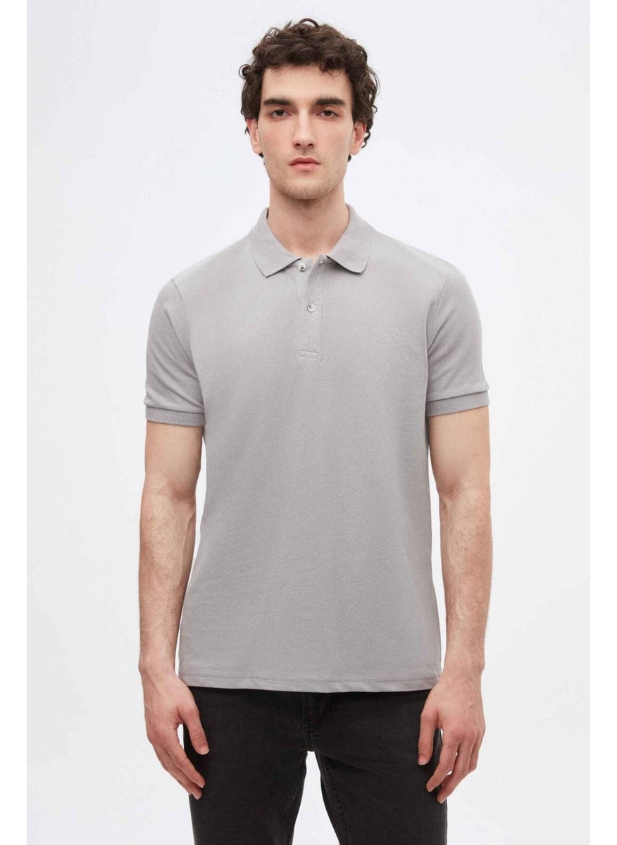 Regular Fit Gray Pique Textured 100% Cotton Non-Curl Polo Collar Embroidered T-Shirt 4HC14ORT51000