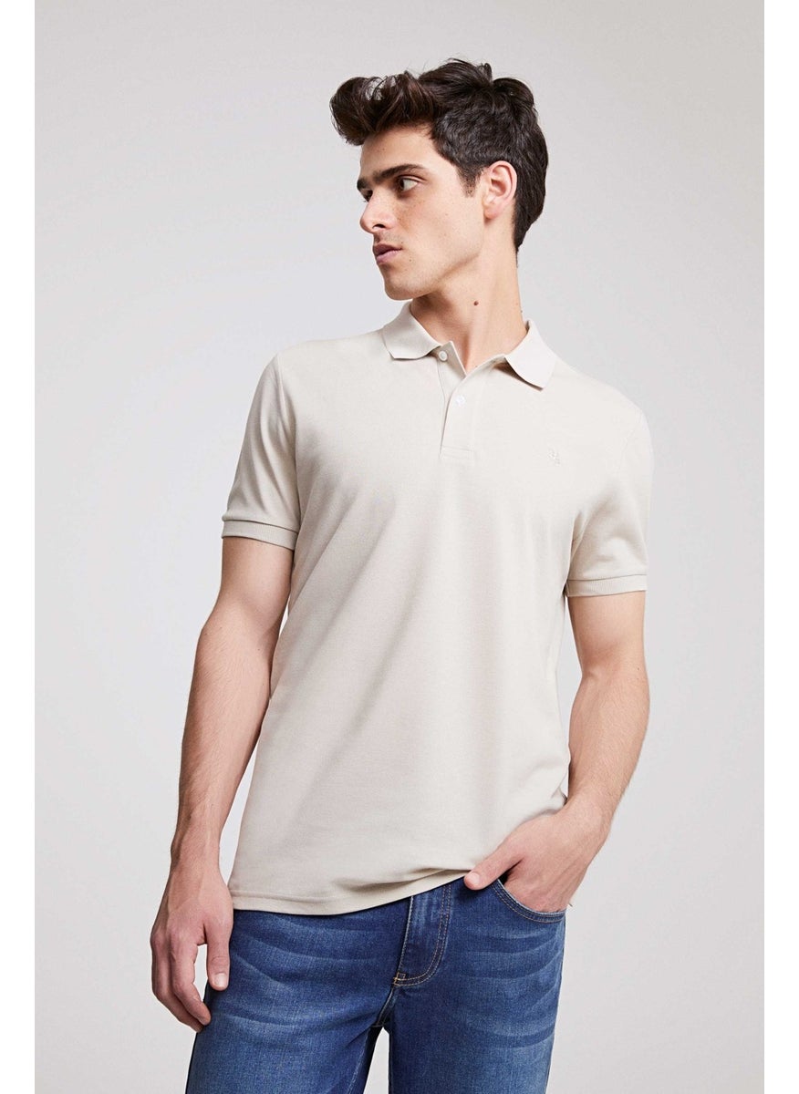 Regular Fit Mink/stone/white Pique Textured 100% Cotton Polo Neck T-Shirt