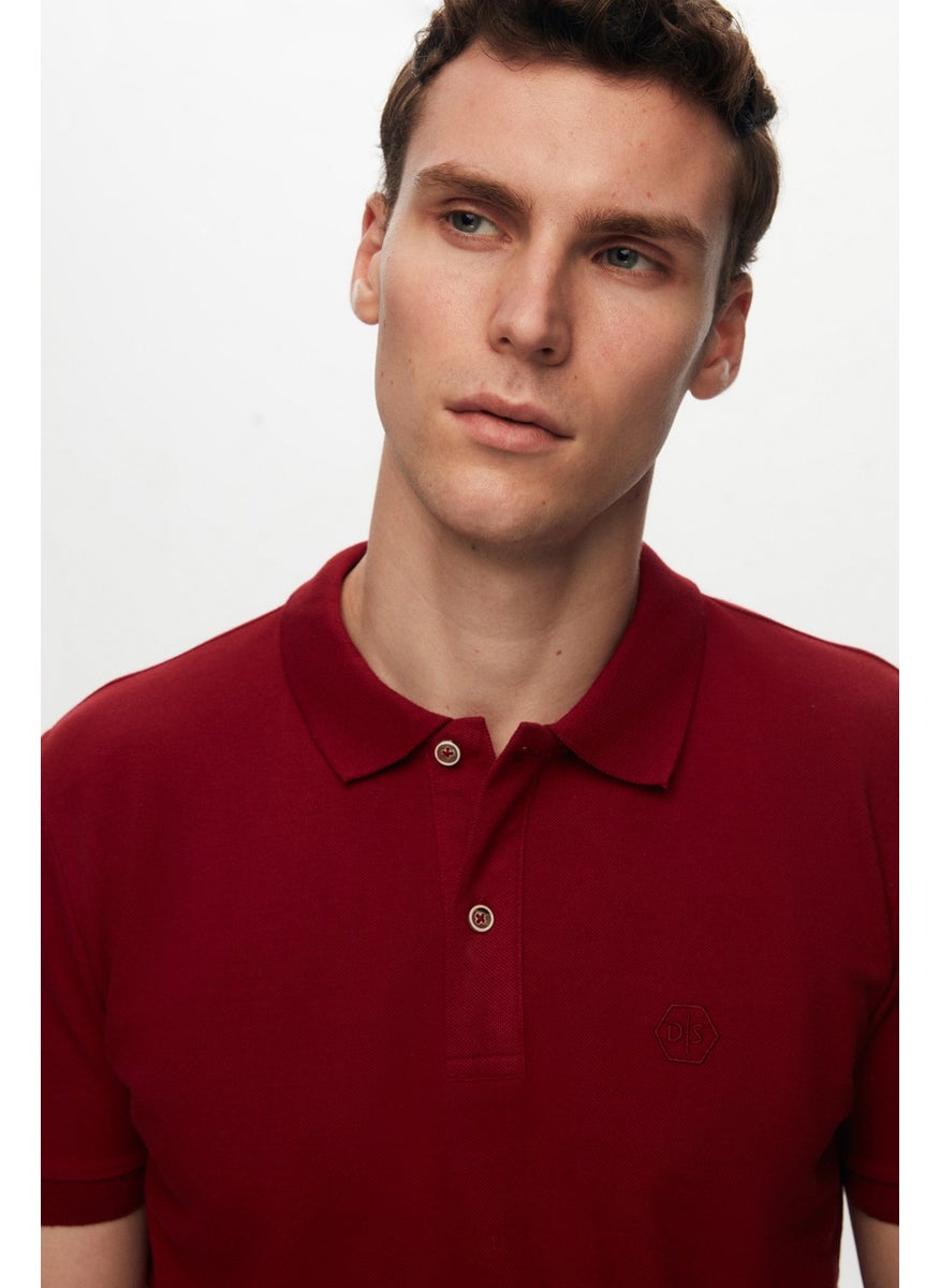 Regular Fit Claret Red Pique Textured 100% Cotton Non-Curl Polo Collar Embroidered T-Shirt 4HC14ORT51000