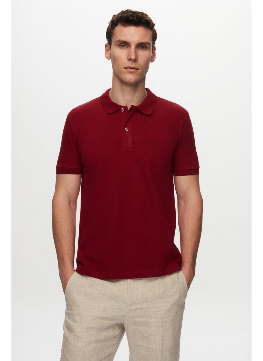 Regular Fit Claret Red Pique Textured 100% Cotton Non-Curl Polo Collar Embroidered T-Shirt 4HC14ORT51000