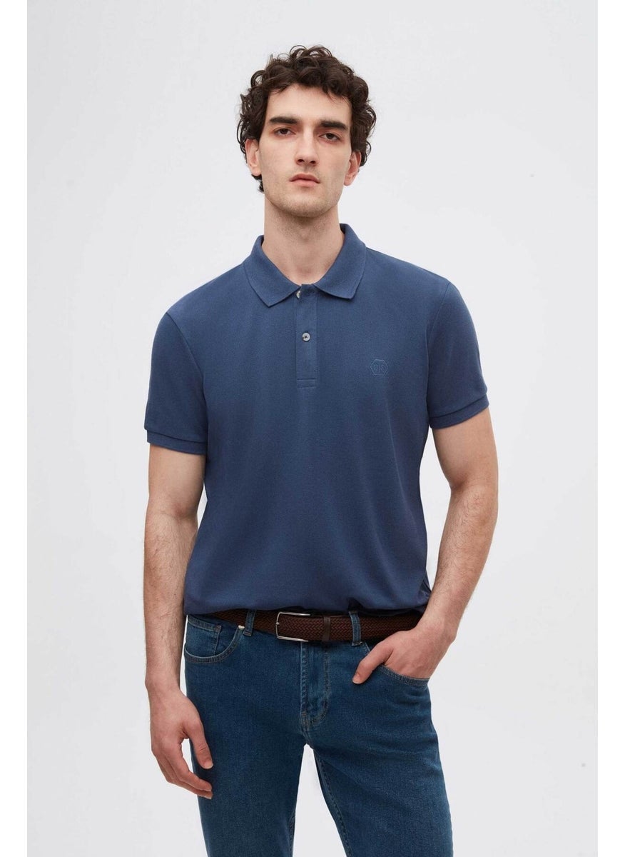 Regular Fit Indigo Pique Textured 100% Cotton Non-Curl Polo Collar Embroidered T-Shirt 4HC14ORT51000