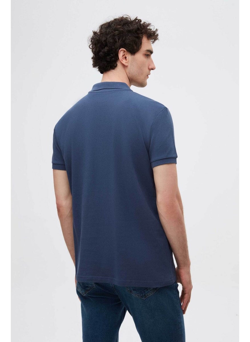 Regular Fit Indigo Pique Textured 100% Cotton Non-Curl Polo Collar Embroidered T-Shirt 4HC14ORT51000