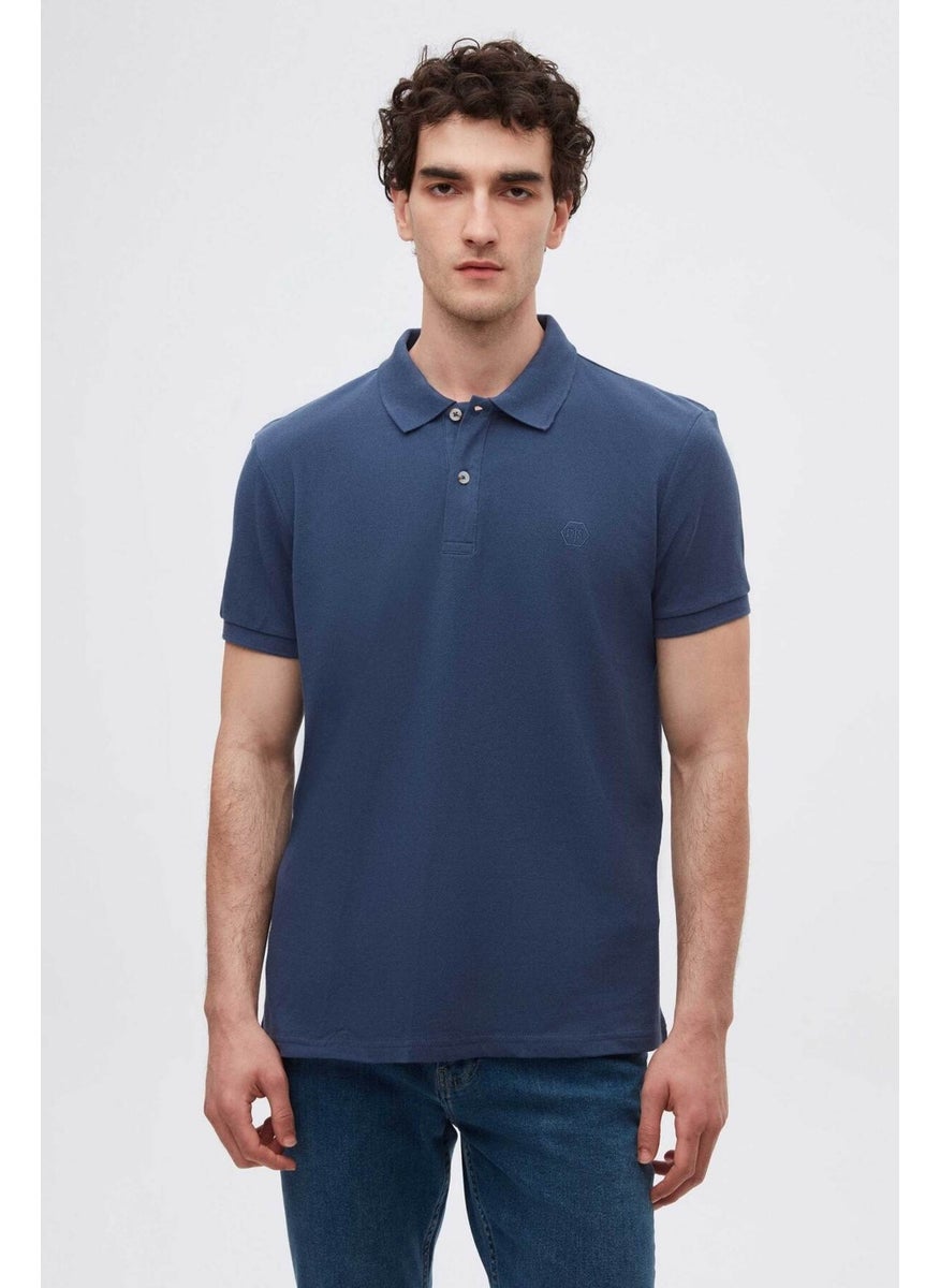 Regular Fit Indigo Pique Textured 100% Cotton Non-Curl Polo Collar Embroidered T-Shirt 4HC14ORT51000