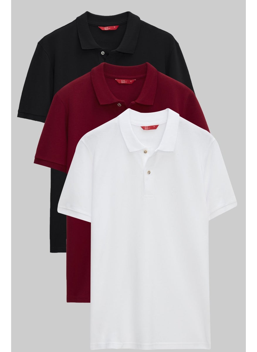 Regular Fit Black/Burgundy/White Pique Textured 100% Cotton Polo Neck T-Shirt 6HC14ORTBN510