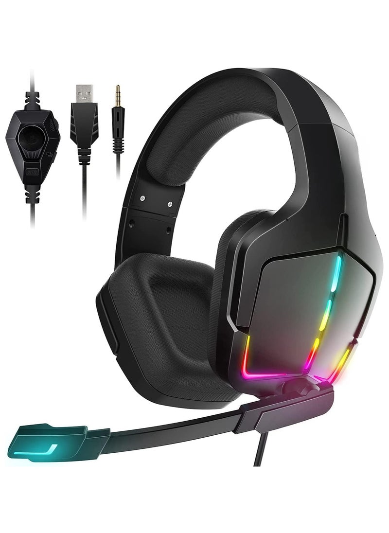 Gaming Headset PS5 Headset PS4 Headset with Microphone Dynamic RGB LED Effect Gamer Headsets for Computer Laptop 3.5mm Wired Stereo Bass Over Ear Mic Gaming Headphones