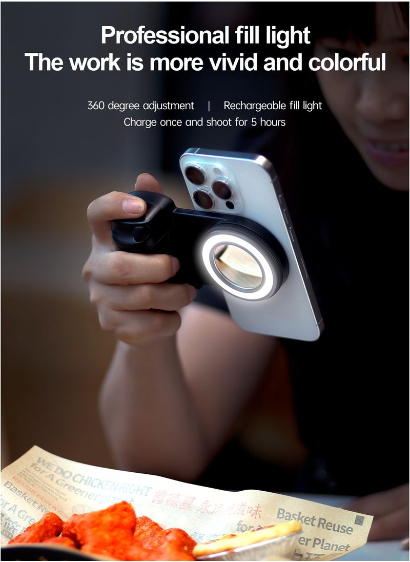 Magnetic Bluetooth Selfie Light for Phones, 5-Level Brightness, Dual White+Yellow Color Temperature, Built-in Mirror, Rechargeable, 30m Remote Control, Compatible with iPhone 16/15/14/13/12, Type-C Charging, Tripod/Handheld Compatible