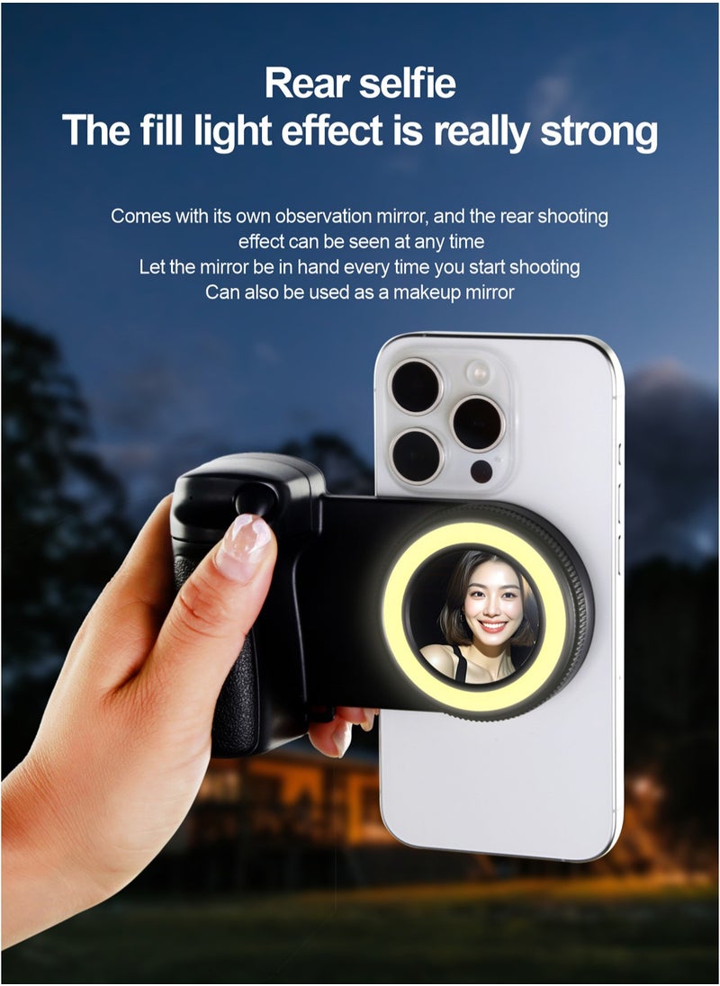 Magnetic Bluetooth Selfie Light for Phones, 5-Level Brightness, Dual White+Yellow Color Temperature, Built-in Mirror, Rechargeable, 30m Remote Control, Compatible with iPhone 16/15/14/13/12, Type-C Charging, Tripod/Handheld Compatible