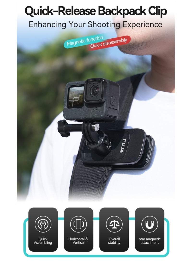 Backpack Mount Clip, Quick Release Cameras Shoulder Strap Holder, Magnetic Swivel Cameras Mount for GoPro 13 12 11 10 9 8 7 Max Insta360 X3 X4 Go3 Ace Pro DJI Action 3 4 Osmo Pocket 3, Black