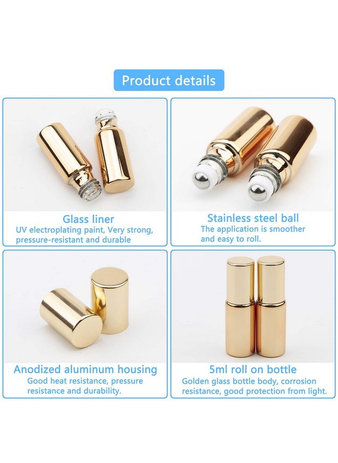 8Pcs Glass Roller Bottles, 5Ml Uv Coated Glass Roller Bottles With Stainless Steel Roller Balls Opener & Funnel, Roll-On Bottles Vials For Essential Oil Perfume, Gold Metallic Caps
