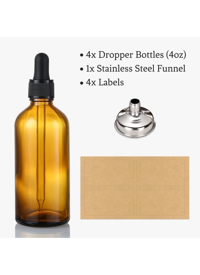 4 Pack, 4Oz Amber Glass Dropper Bottles With 1 Funnel & 4 Lables - 120Ml Dark Brown Tincture Bottles With Eye Droppers - Leakproof Travel Bottles For Essential Oils, Liquids