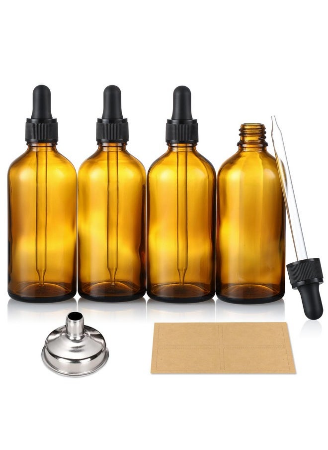 4 Pack, 4Oz Amber Glass Dropper Bottles With 1 Funnel & 4 Lables - 120Ml Dark Brown Tincture Bottles With Eye Droppers - Leakproof Travel Bottles For Essential Oils, Liquids