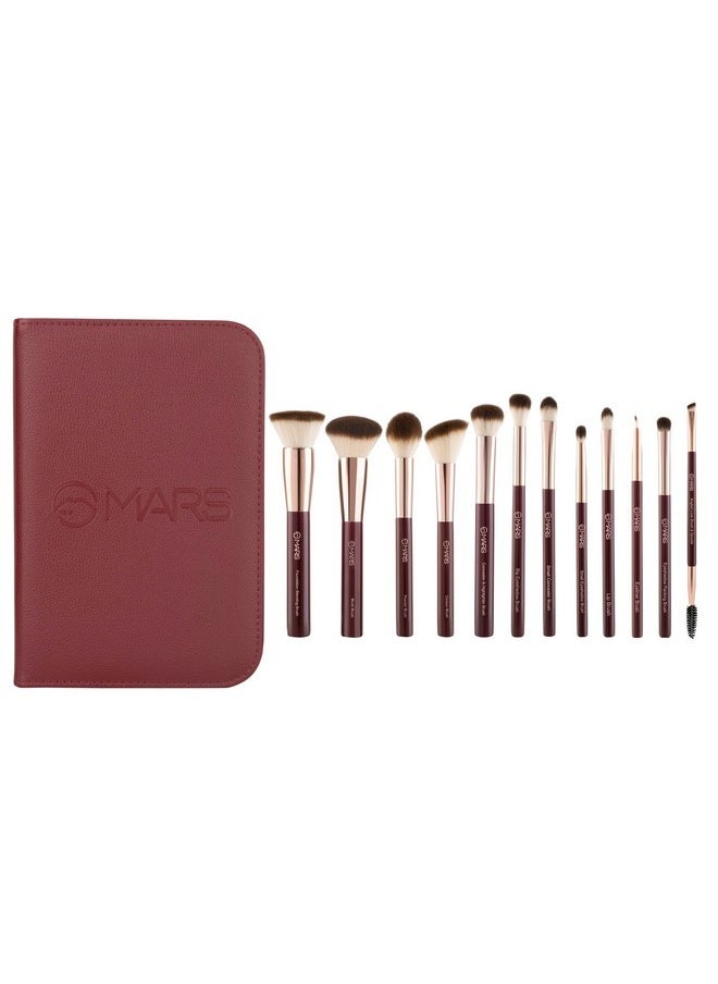 Professional Makeup Brush Set Of 12 | Long-Lasting | Soft & Synthetic Bristles | Easy-To-Hold & Precise Application For Face, Eyes & Brows (Maroon)