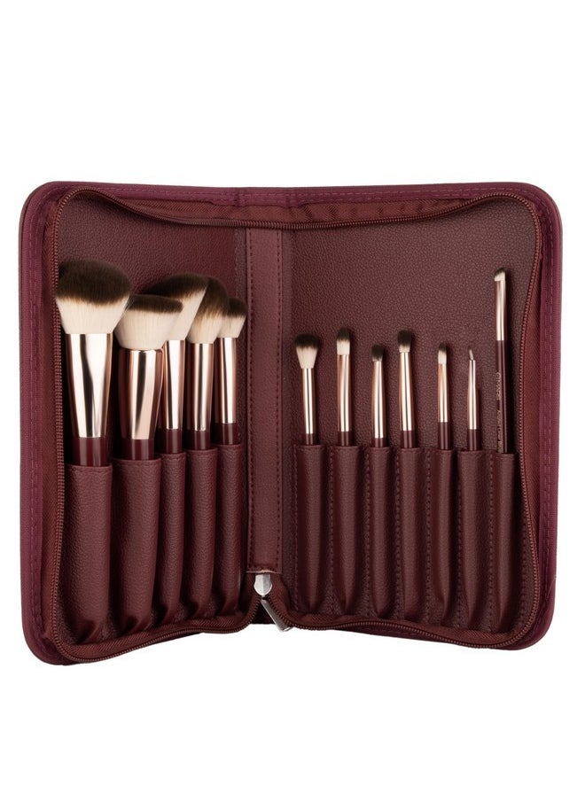 Professional Makeup Brush Set Of 12 | Long-Lasting | Soft & Synthetic Bristles | Easy-To-Hold & Precise Application For Face, Eyes & Brows (Maroon)