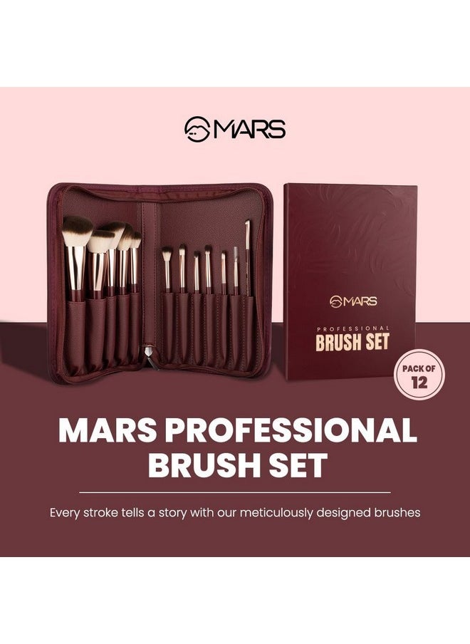 Professional Makeup Brush Set Of 12 | Long-Lasting | Soft & Synthetic Bristles | Easy-To-Hold & Precise Application For Face, Eyes & Brows (Maroon)