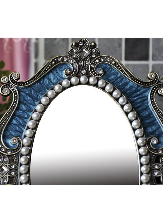 Vintage Vanity Tabletop Mirror, Metal Oval Decorative Makeup Mirror With Stand, Antique Table Cosmetic Mirror, Coquette Countertop Desk Dresser Mirror For Home Bedroom Bathroom (Blue, M)