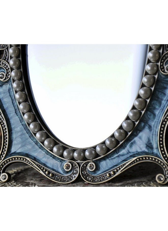 Vintage Vanity Tabletop Mirror, Metal Oval Decorative Makeup Mirror With Stand, Antique Table Cosmetic Mirror, Coquette Countertop Desk Dresser Mirror For Home Bedroom Bathroom (Blue, M)