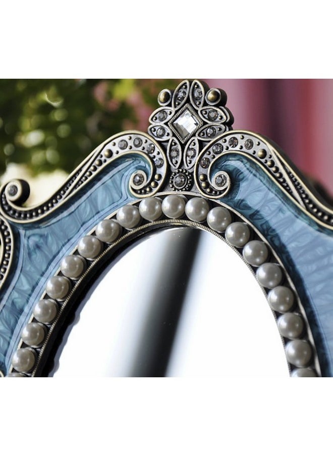 Vintage Vanity Tabletop Mirror, Metal Oval Decorative Makeup Mirror With Stand, Antique Table Cosmetic Mirror, Coquette Countertop Desk Dresser Mirror For Home Bedroom Bathroom (Blue, M)