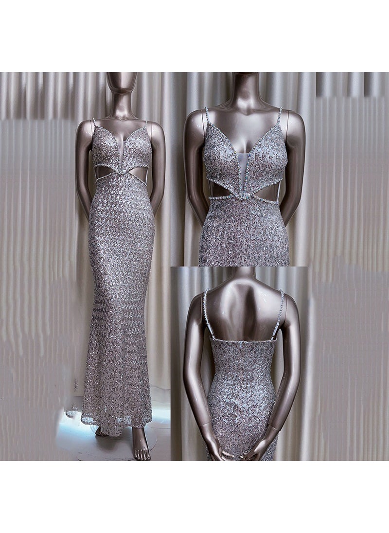 2024 Luxury Sequined Evening Dress Elegance Silver Gray