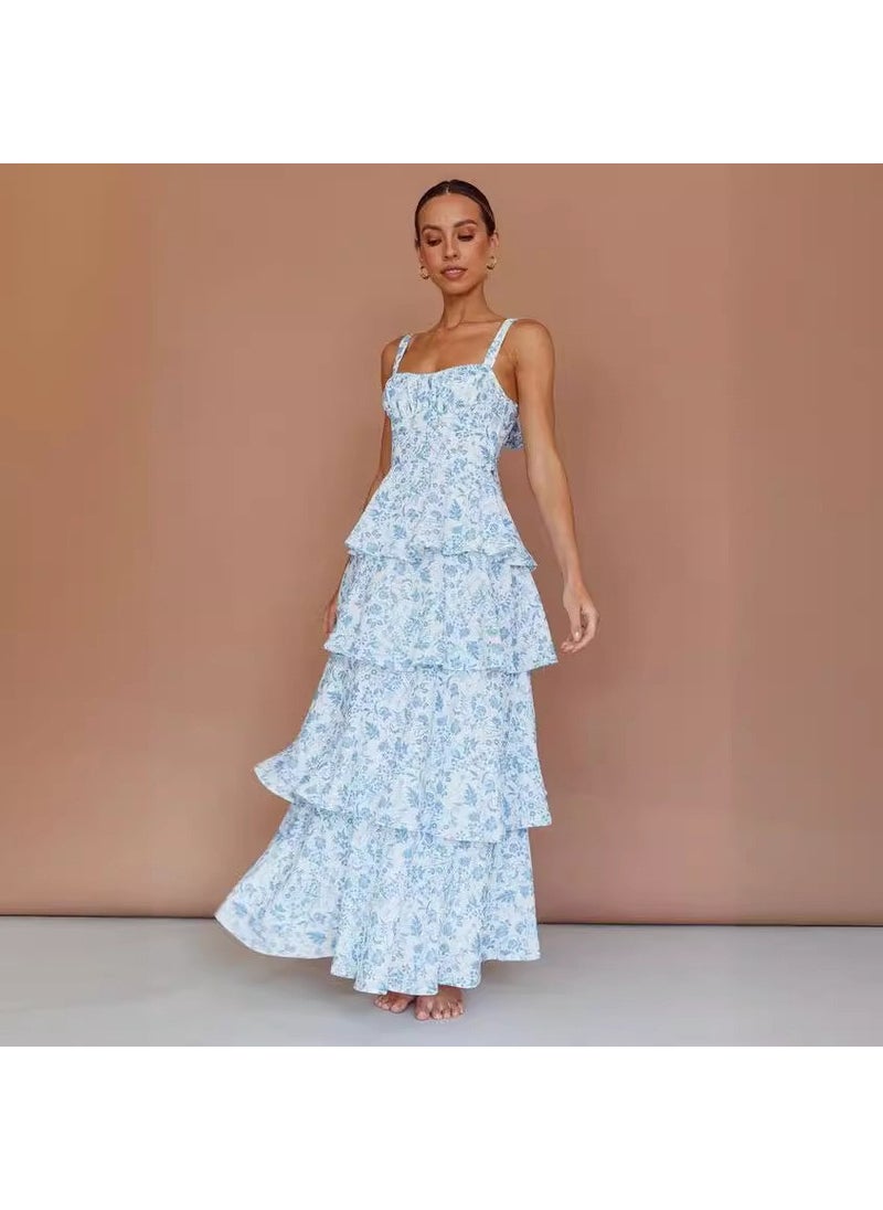 Elegant Floral Maxi Dress Spring Summer 2024 Lake Blue