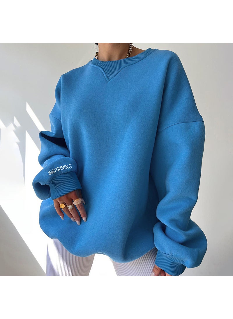 New Knit Crewneck Casual Plus Size Sweater Blue