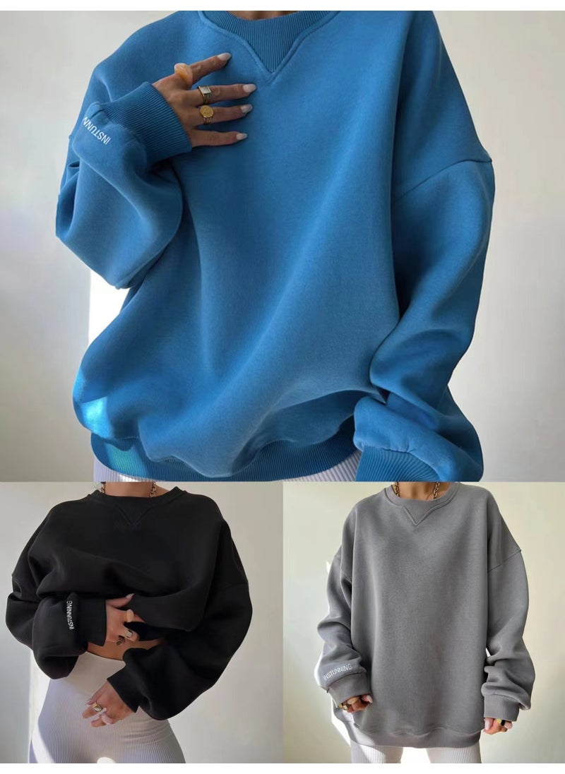 New Knit Crewneck Casual Plus Size Sweater Blue