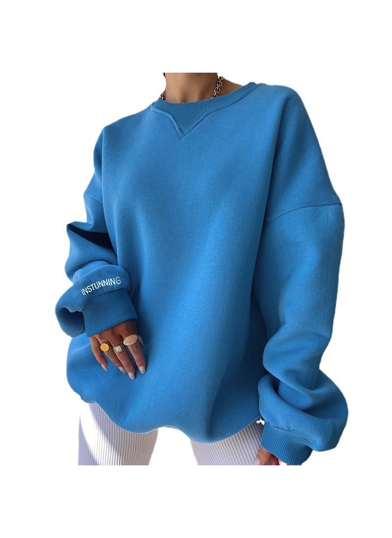 New Knit Crewneck Casual Plus Size Sweater Blue