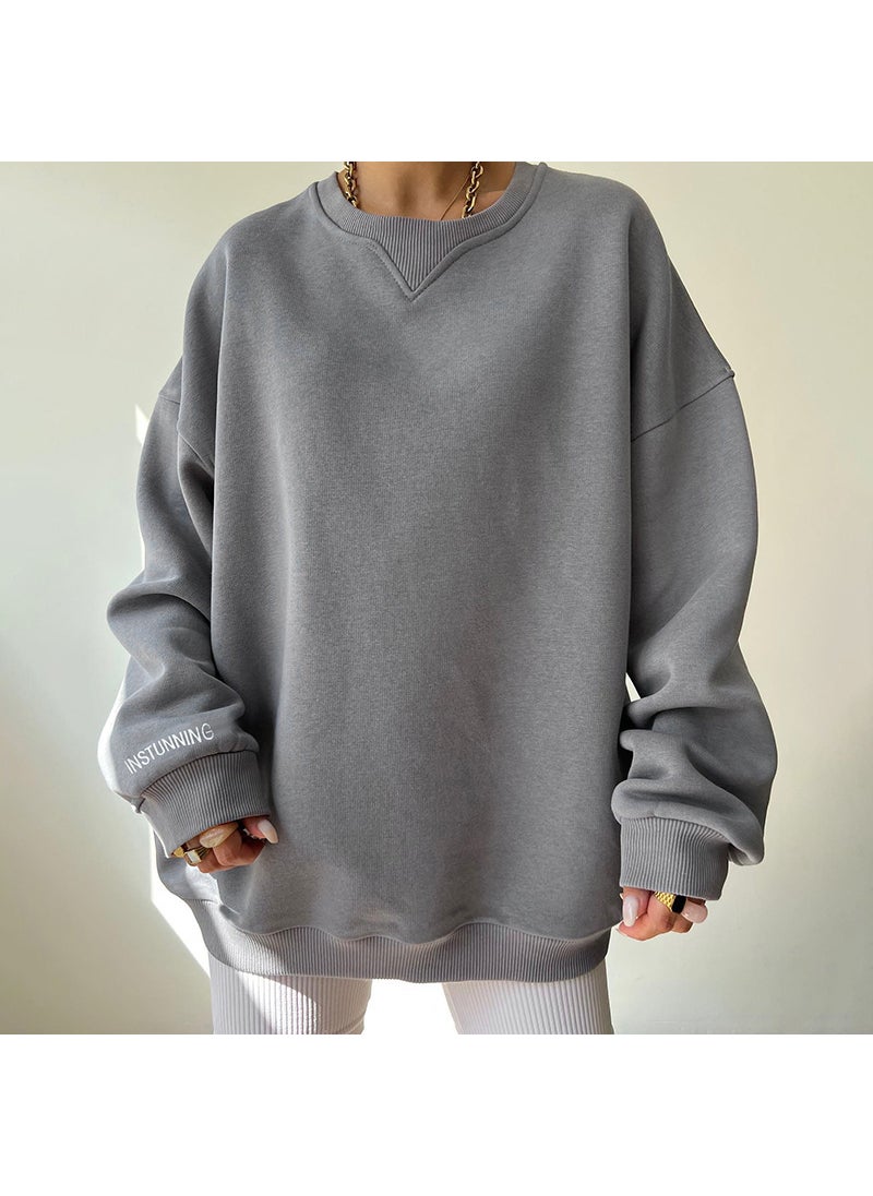 New Knit Crewneck Casual Plus Size Sweater Blue