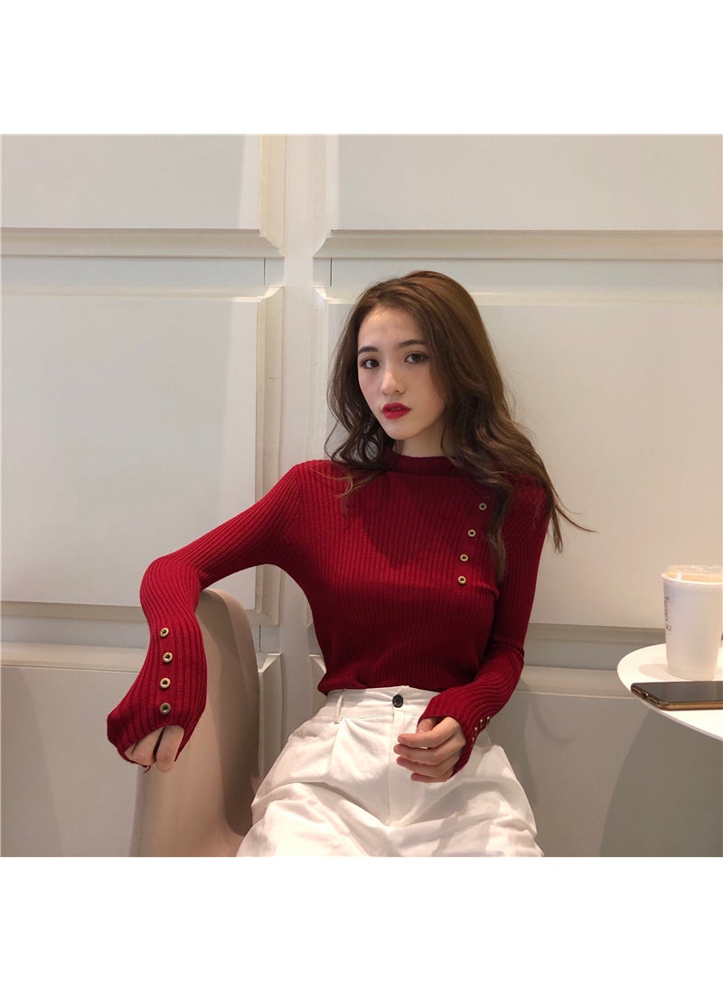 Sweater womens white half turtleneck sweater womens warm 2023 new slim-fit long sleeve bottoming pullover top fashion Purplish red