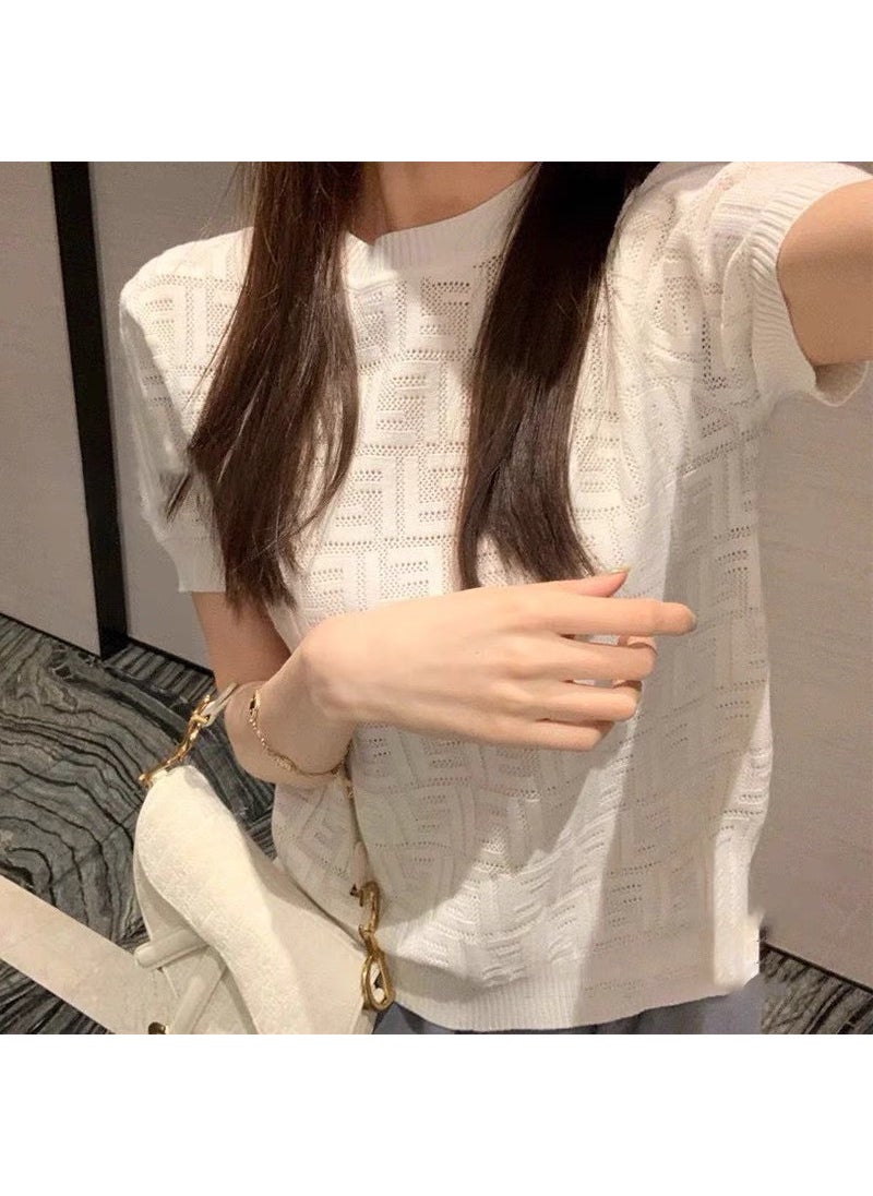 Cross-Border round neck sweater sweater versatile short sleeve 2023 Summer new bottoming slimming inner top T-shirt Blue